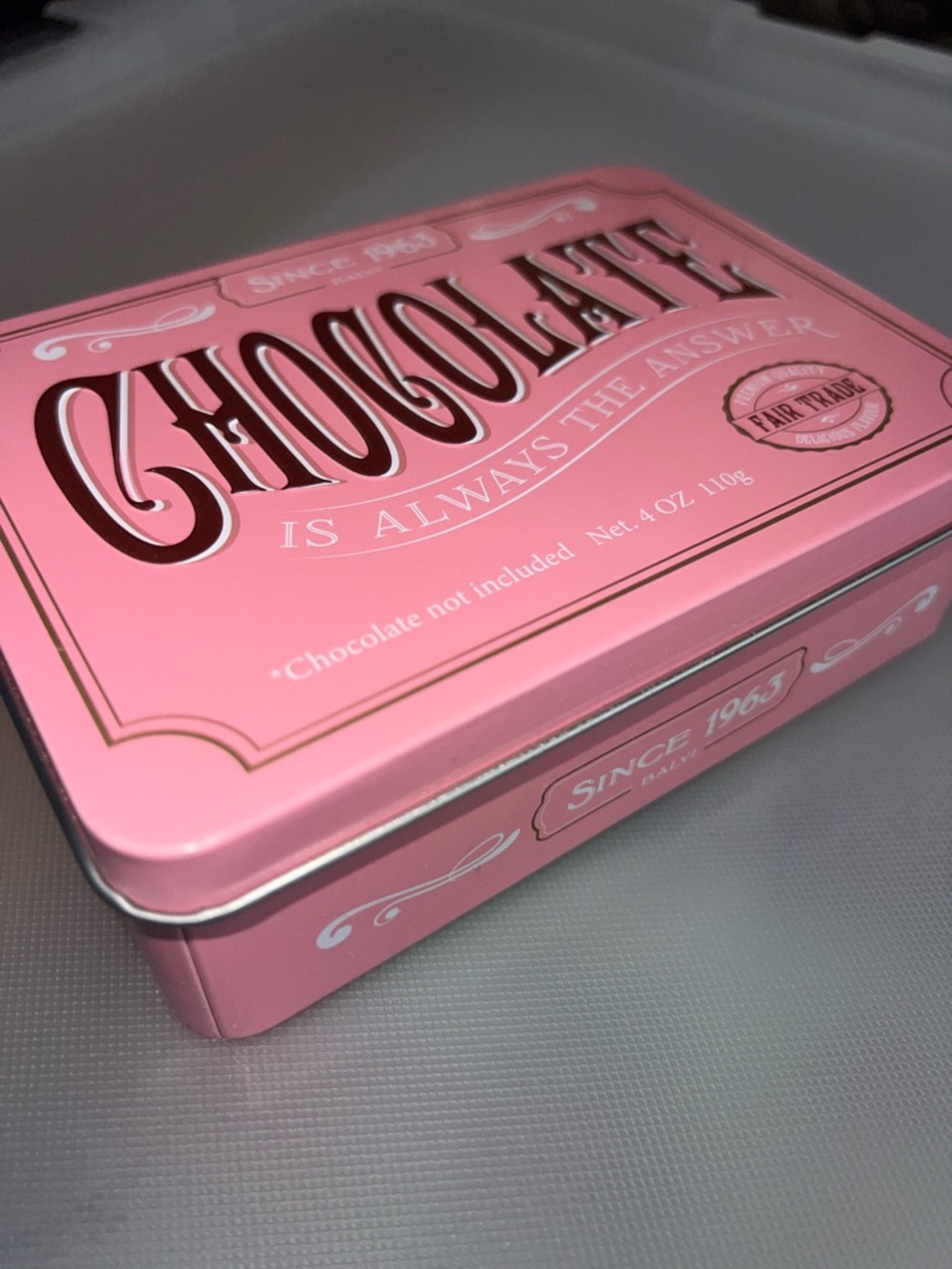 Anthropologie Sweets Pink Jewlery Tin ‘Chocolate Is Always the Answer'
